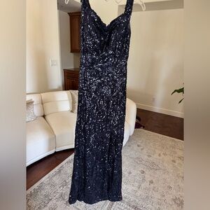 Night Way Collections Silver and Blue Sequin Maxi Gown
